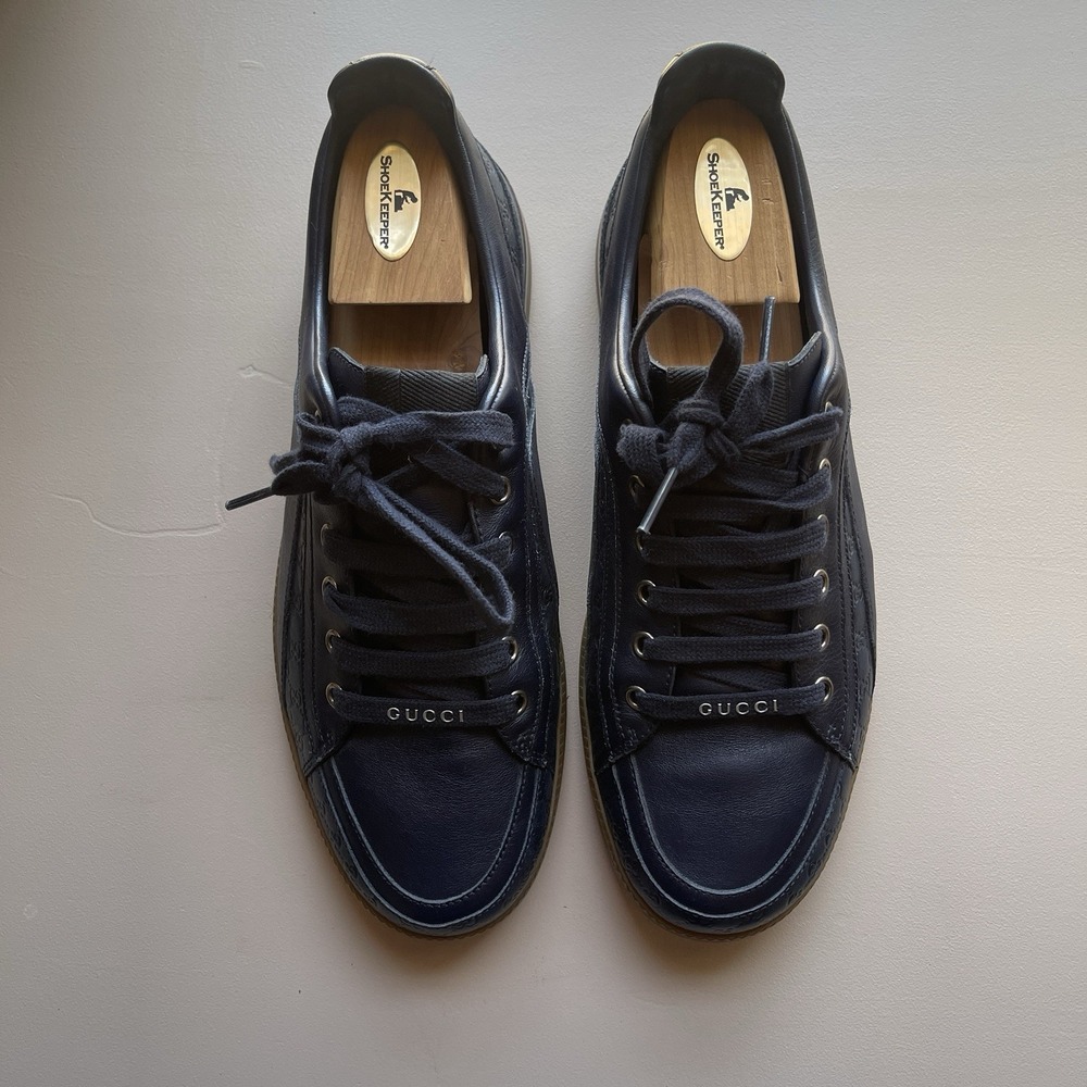 GUCCI Men's Leather Sneaker Liffey Micro GG Dark Blue Size 9 Made In Italy BOX